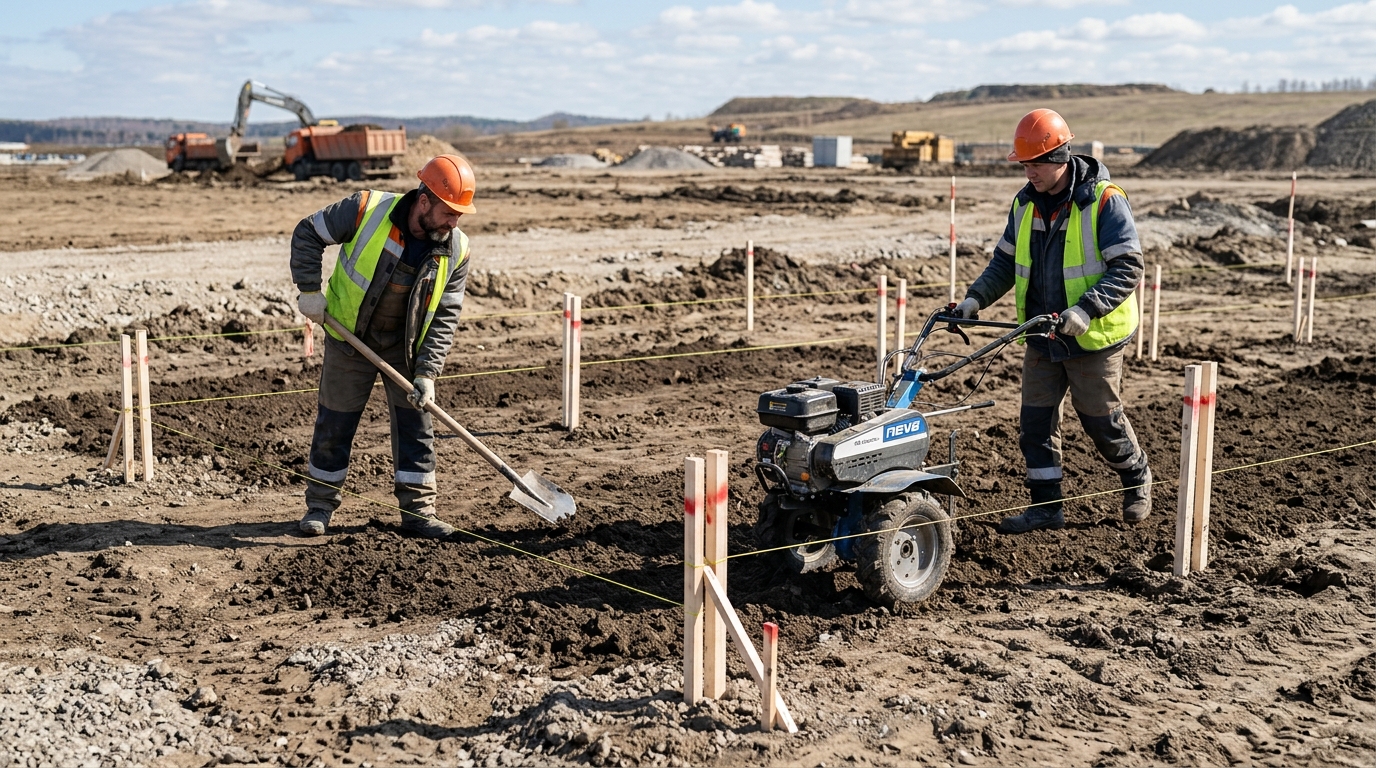 двое рабочих с лопатами и мотоблоком выравнивают грунт на строительном участке, хорошо видны маячные колышки, открытое пространство, дневное освещение, профессиональная работа