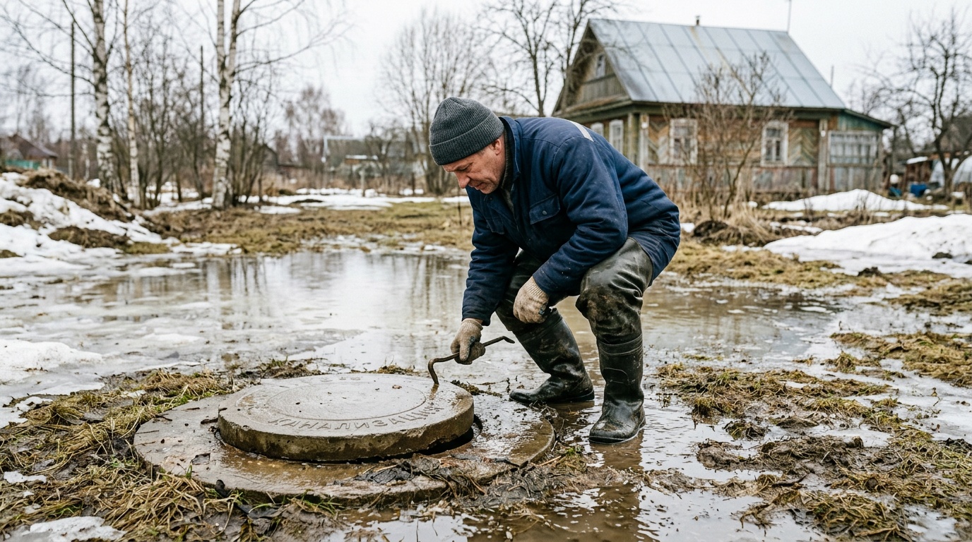 мужчина в резиновых сапогах осматривает крышку септика после весеннего паводка, вокруг лужи талой воды, ранняя весна