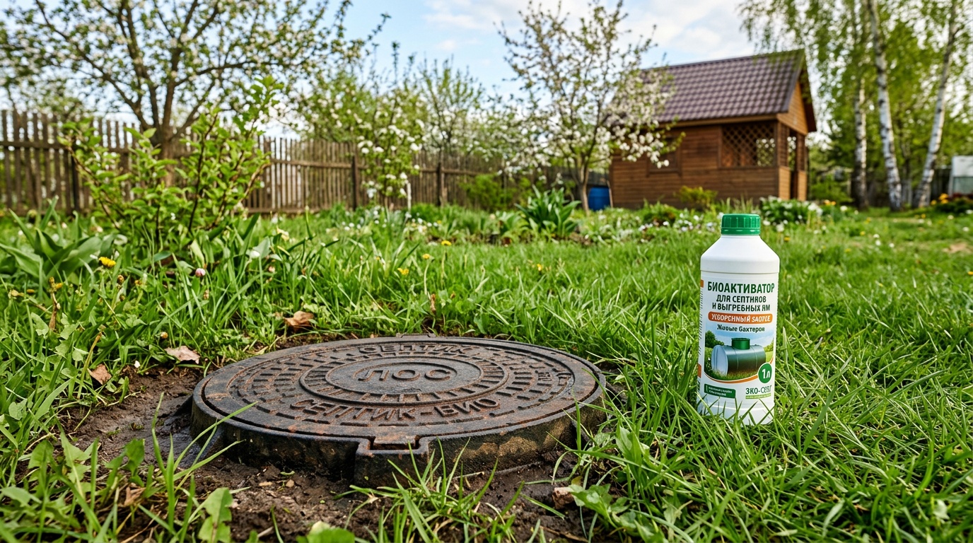 Загородный участок весной, в земле виден чугунный люк септика, рядом стоит флакон препарата для биозапуска, свежая трава