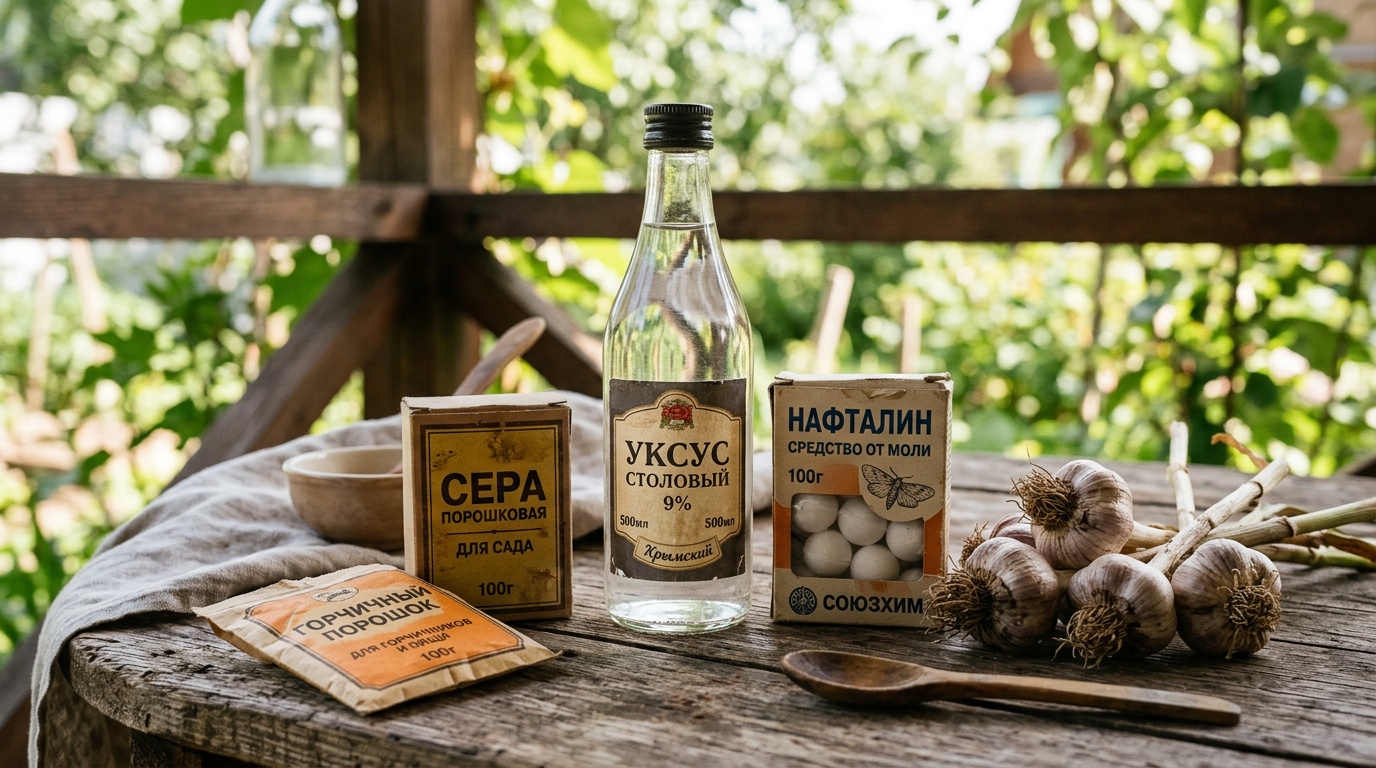 натюрморт из народных средств на деревянном дачном столе — пачка нафталина, порошковая сера, флакон уксуса, горчичный порошок, головки чеснока