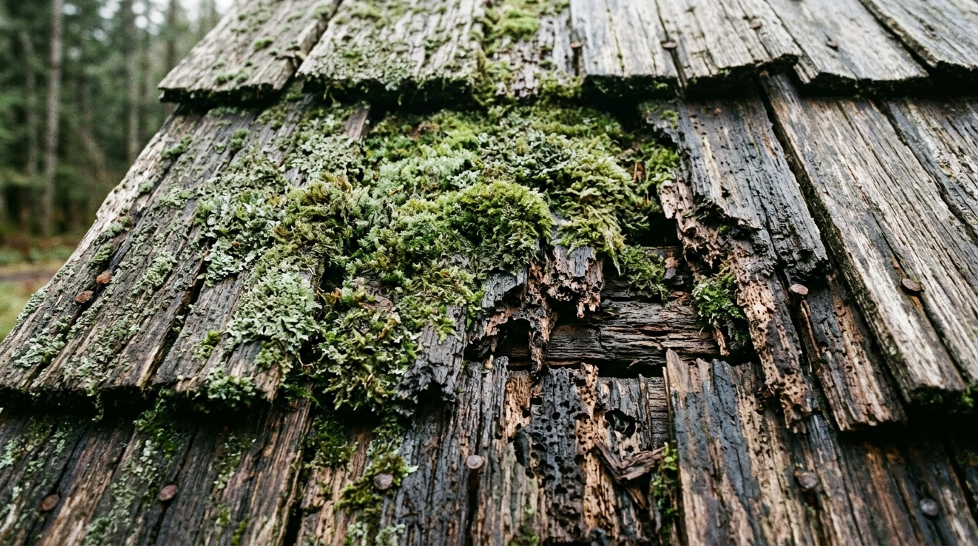 Крупный план деревянной кровли с серо-зелёным мхом и видимыми тёмными следами гниения под слоем, реалистичная фотография