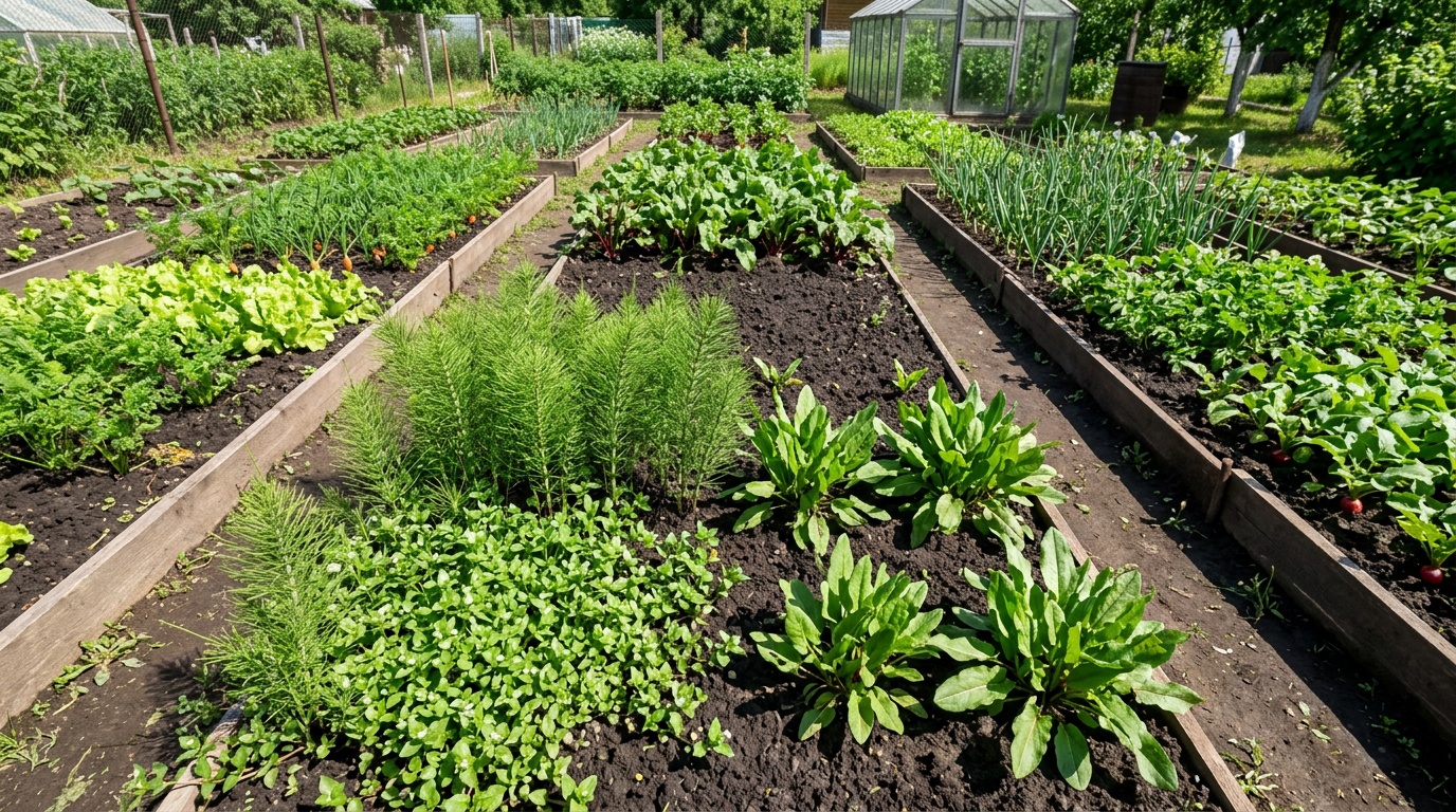 сорняки-индикаторы почвы — хвощ, мокрица, щавель на фоне огородных грядок, солнечный день, вид сверху