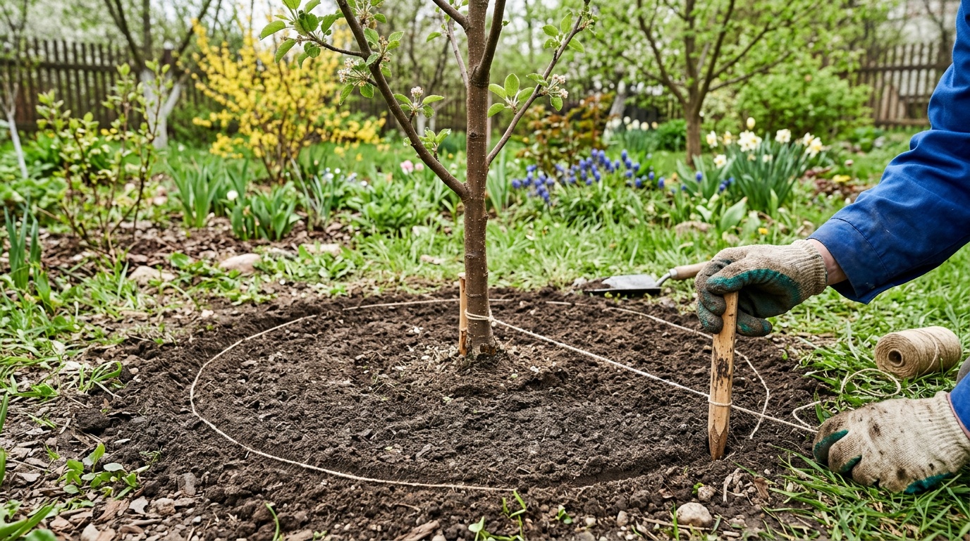 разметка приствольного круга с помощью колышка и верёвки, вид с небольшого угла, садовые перчатки в кадре, весенний участок