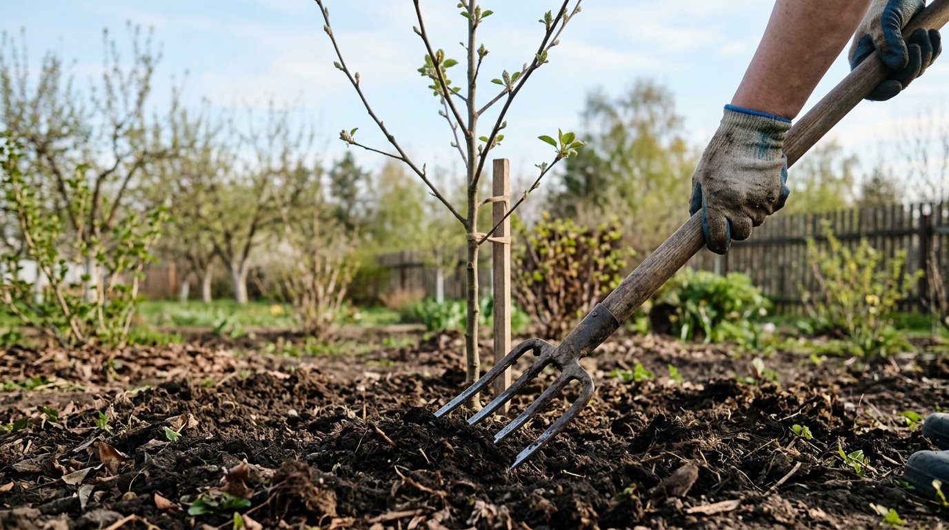 весеннее рыхление приствольного круга вилами, крупный план рук в садовых перчатках, молодая яблоня на фоне, ранняя весна, утренний свет