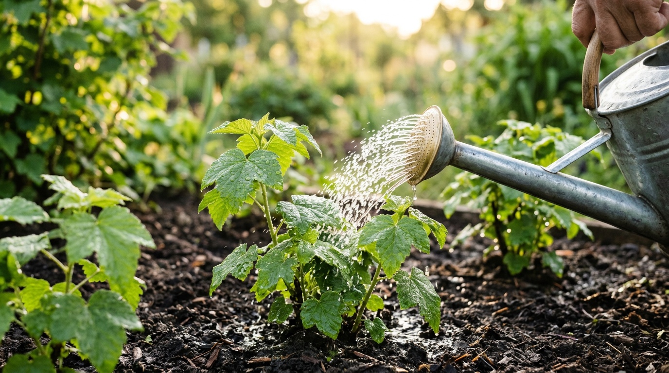 Полив черенков чёрной смородины из лейки с тонким рассеивателем, крупный план, утренний свет, капли воды на зелёных листьях