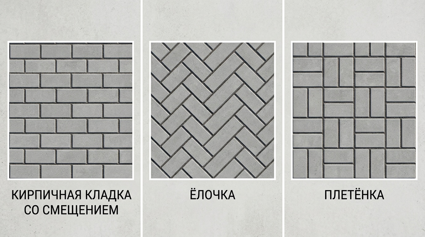 три схемы укладки тротуарной плитки, вид сверху: «кирпичная кладка» со смещением, «ёлочка» и «плетёнка» — нейтральный светлый фон, чёткие линии швов, подписи под каждой схемой