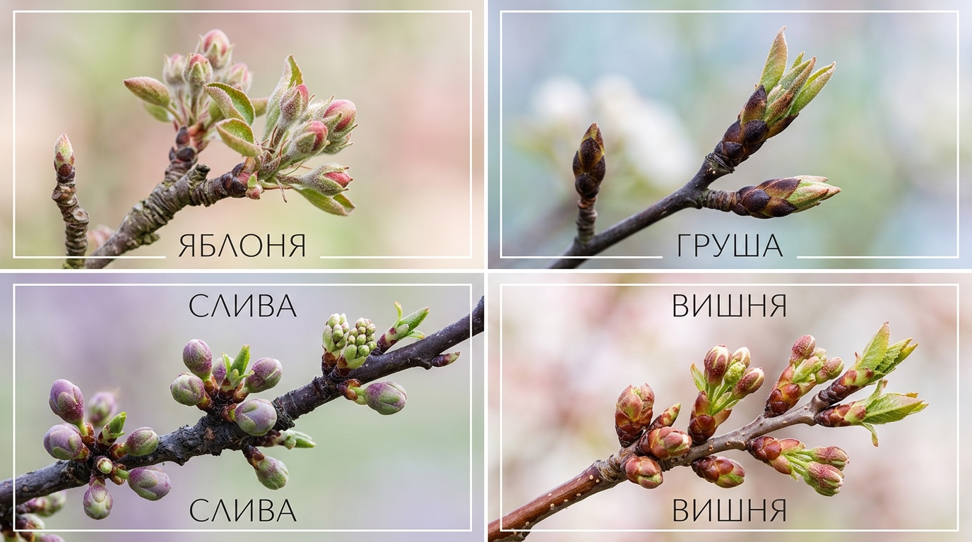 коллаж из четырёх крупных планов: ветки яблони, груши, сливы и вишни с набухающими почками ранней весной, пастельные тона, студийный мягкий свет