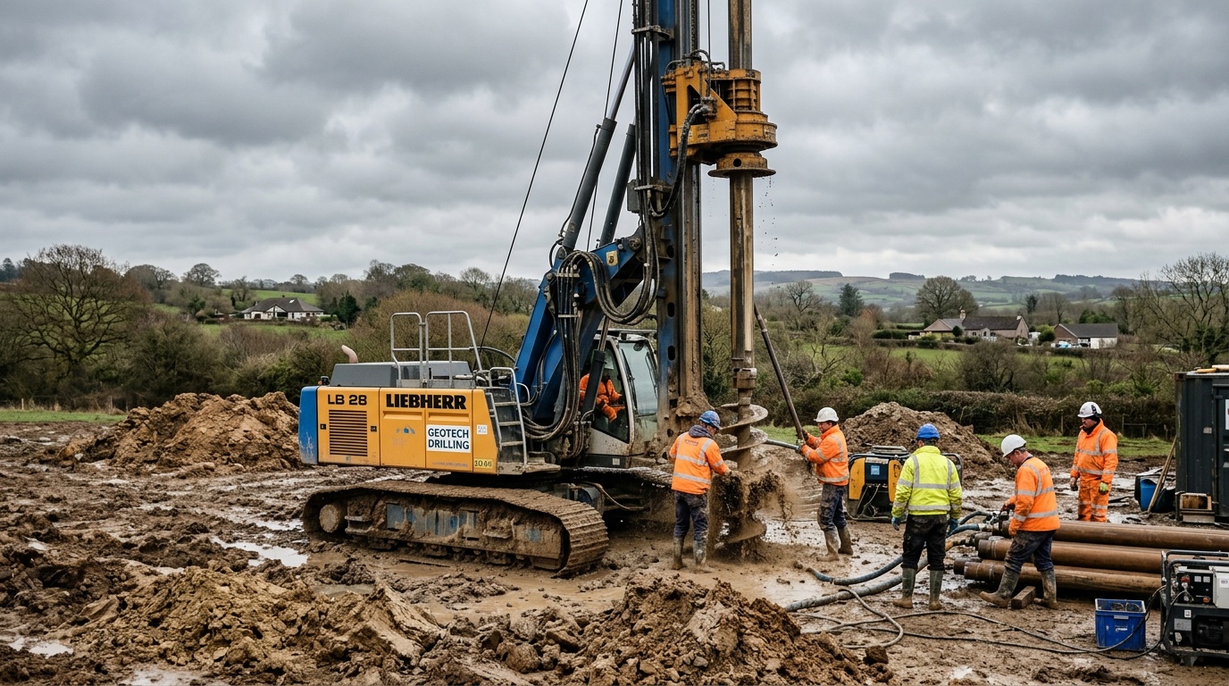 Буровая установка на гусеничном ходу работает на загородном участке, вокруг — вынутый грунт, рабочие в защитной одежде, пасмурный день