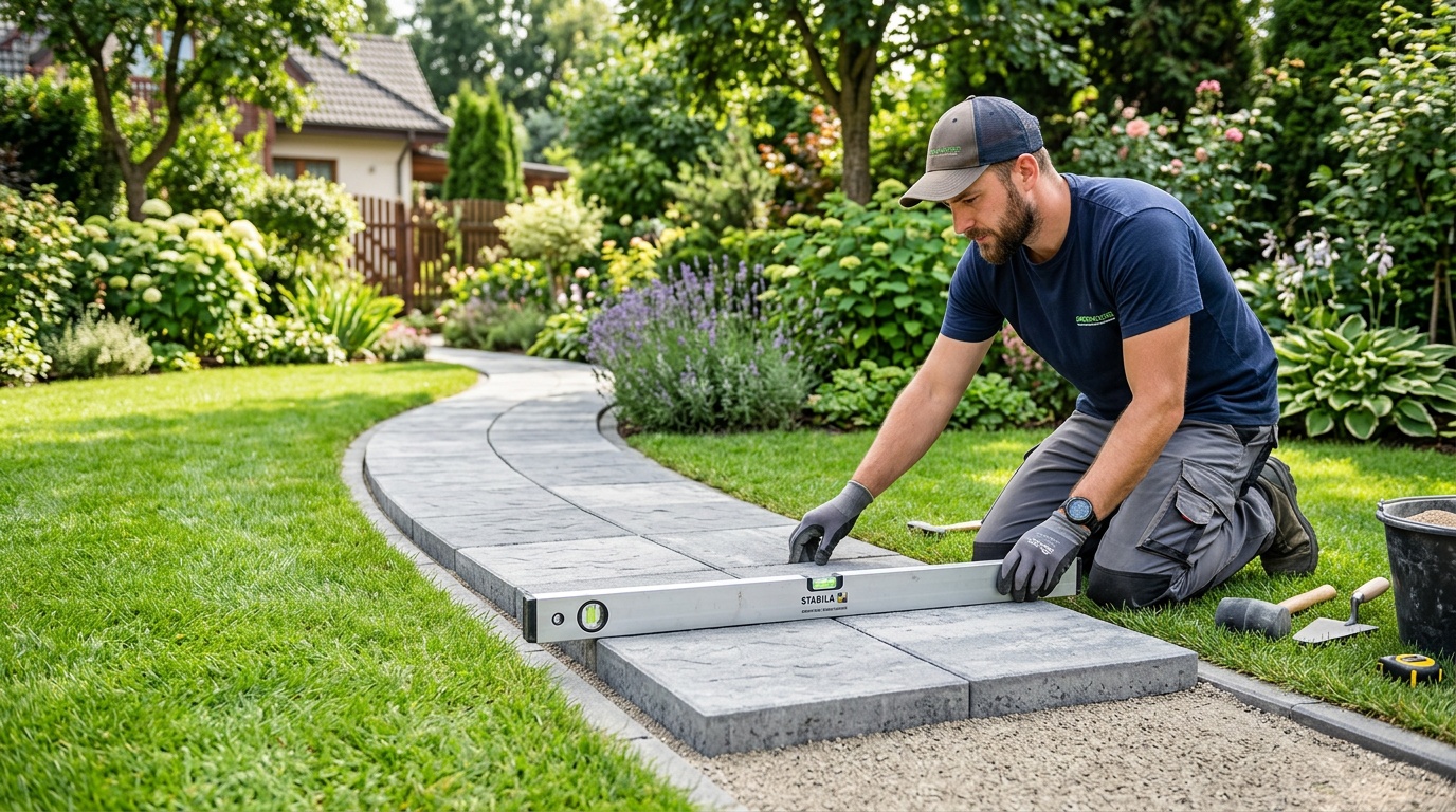 ландшафтный мастер проверяет уровень нескольких уложенных плиток строительным уровнем — вид сбоку, летний день, аккуратная садовая дорожка, зелёный газон по краям