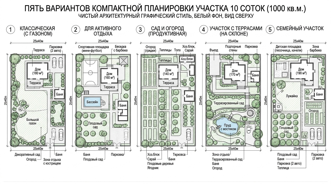 пять компактных схем планировки участка 10 соток на одном плакате — каждая схема подписана с обозначением зон, чистый архитектурный графический стиль, белый фон, вид сверху