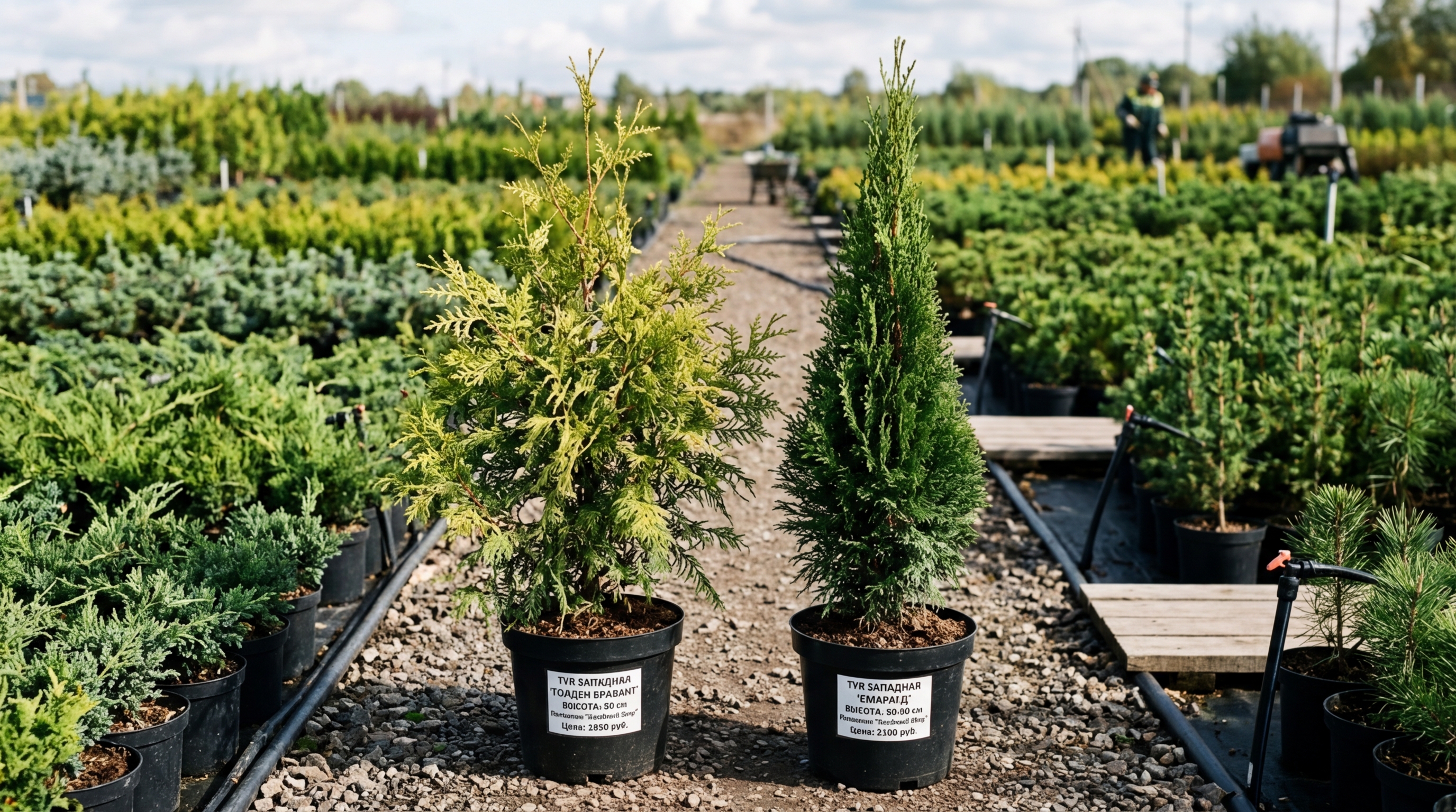 два молодых саженца туи высотой около 80 см в питомнике на фоне рядов хвойных — один с широкой рыхлой кроной, другой с узкой плотной, этикетки хорошо видны