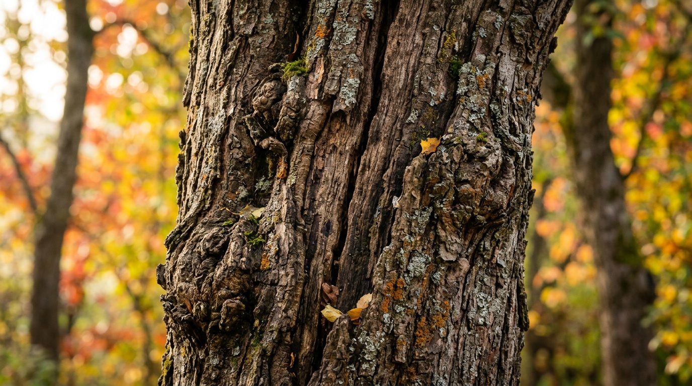 осенний сад, крупный план коры яблони с видимыми трещинами и наростами, мягкое утреннее освещение