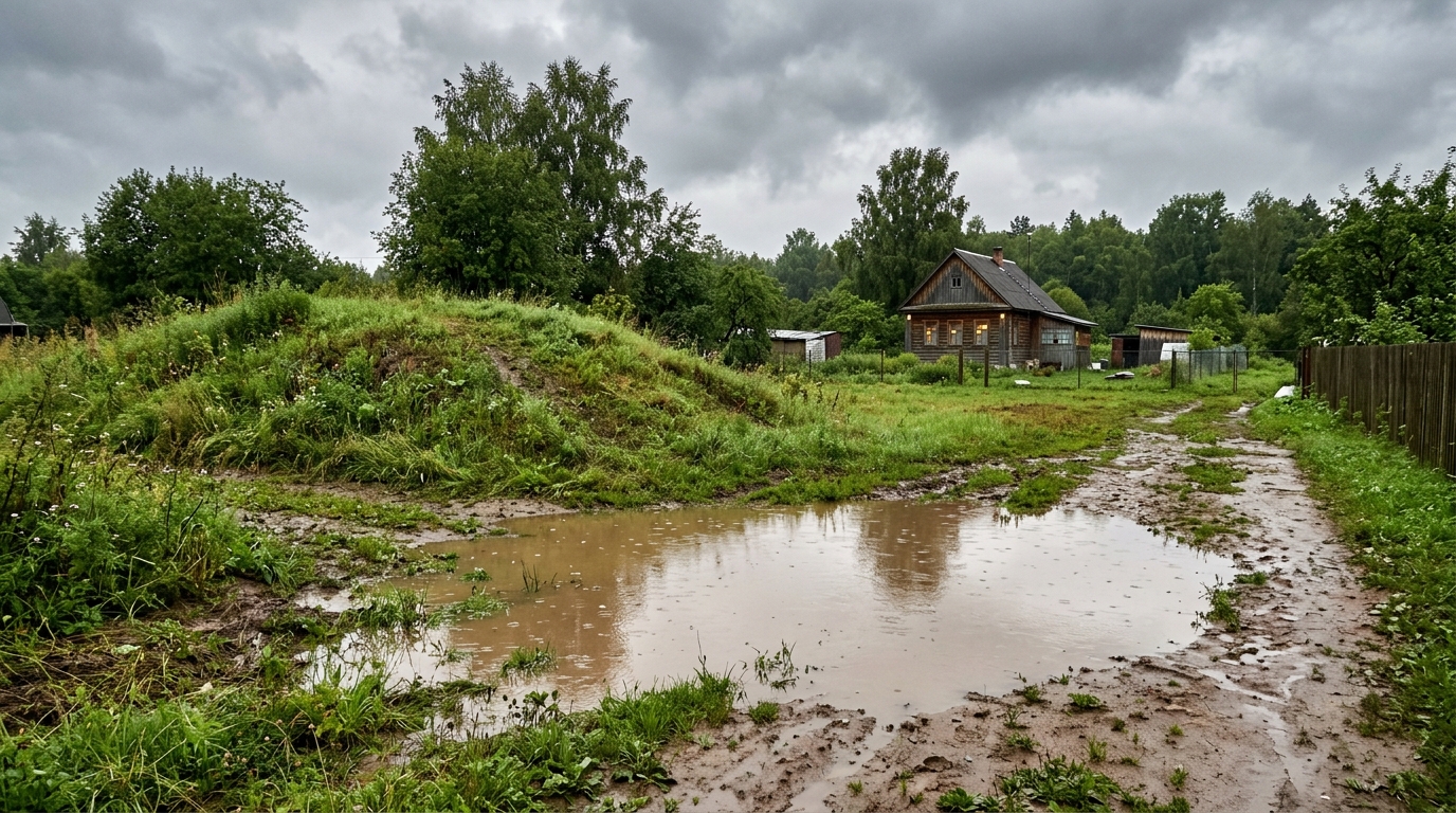 частный участок после сильного дождя, большая лужа у подножия небольшого бугра, вдали деревянный загородный дом, пасмурное небо, реалистичная фотография