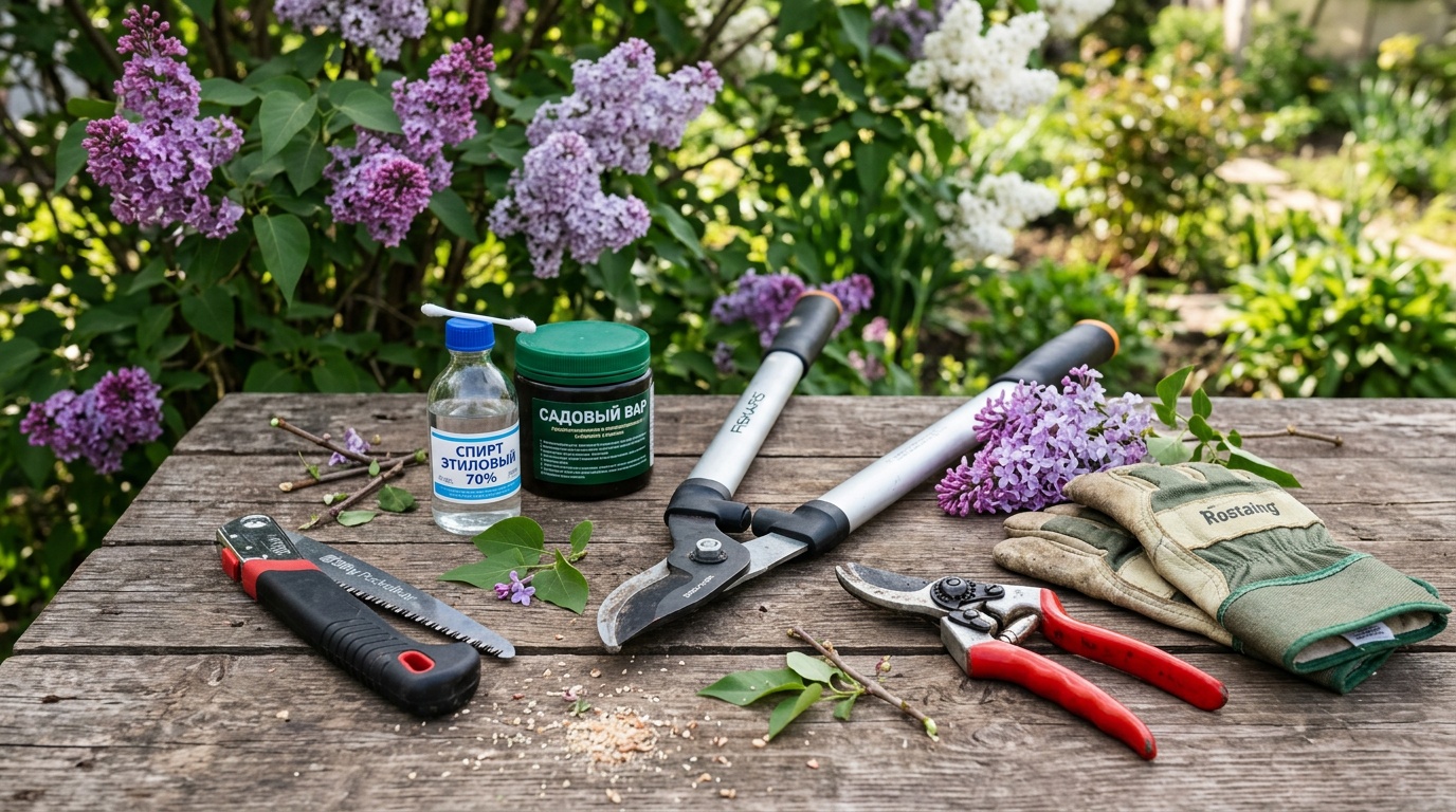 набор инструментов для обрезки сирени на деревянном столике: байпасный секатор, сучкорез, ножовка, садовый вар в баночке, флакон со спиртом, перчатки