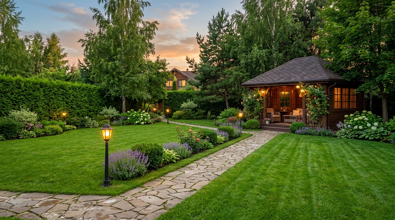 ухоженный сад частного загородного участка с диагональными дорожками из натурального камня, плотной живой изгородью туи, стриженым газоном, деревянной беседкой и уличными фонарями — вечерний тёплый свет, Подмосковье