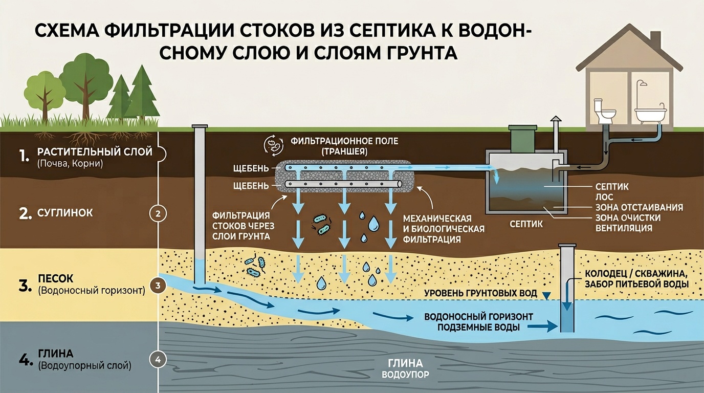 разрез грунта с схемой фильтрации стоков от септика к водоносному слою, слои почвы подписаны (глина, суглинок, песок, водоносный горизонт), инфографика в нейтральных тонах