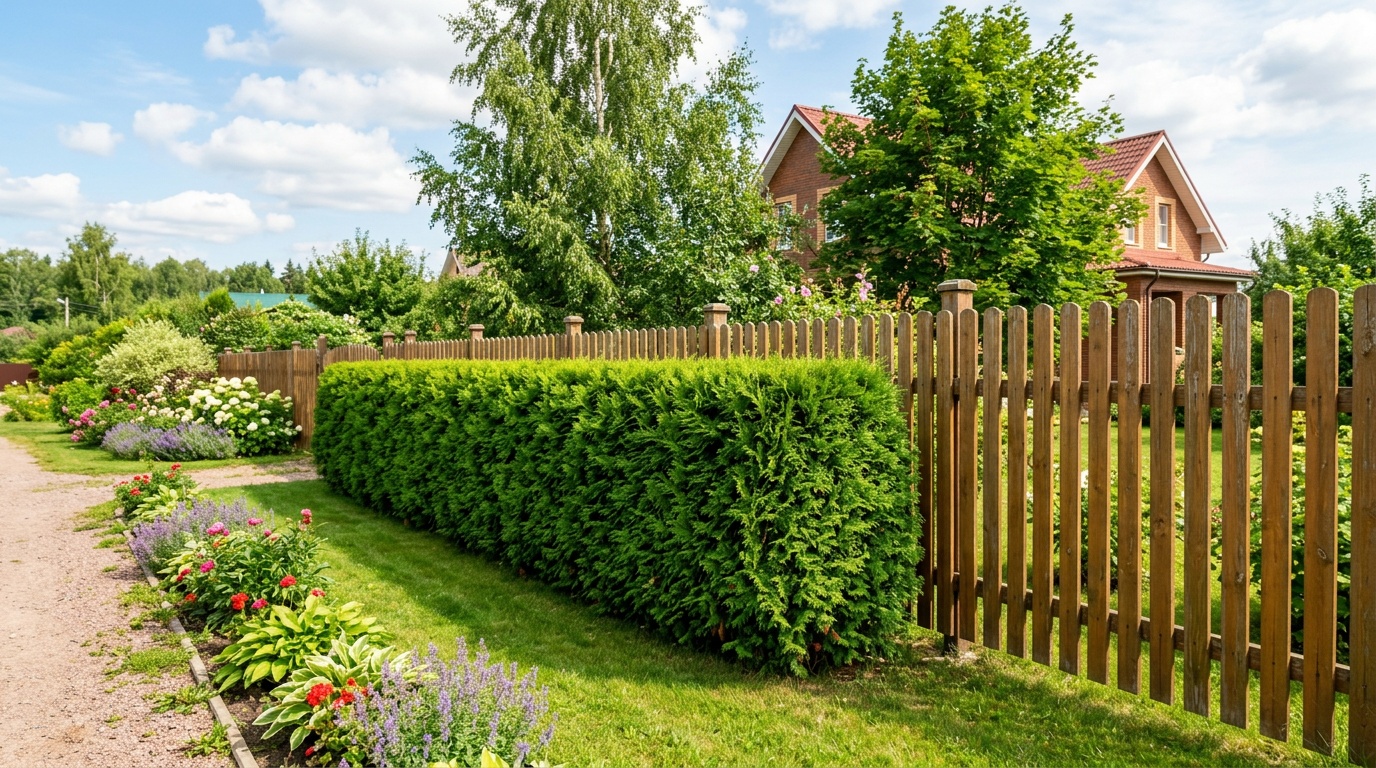 ровная живая изгородь из туй 'Смарагд' вдоль деревянного штакетника, плотная ярко-зелёная хвоя, летний солнечный день, загородный участок в Подмосковье