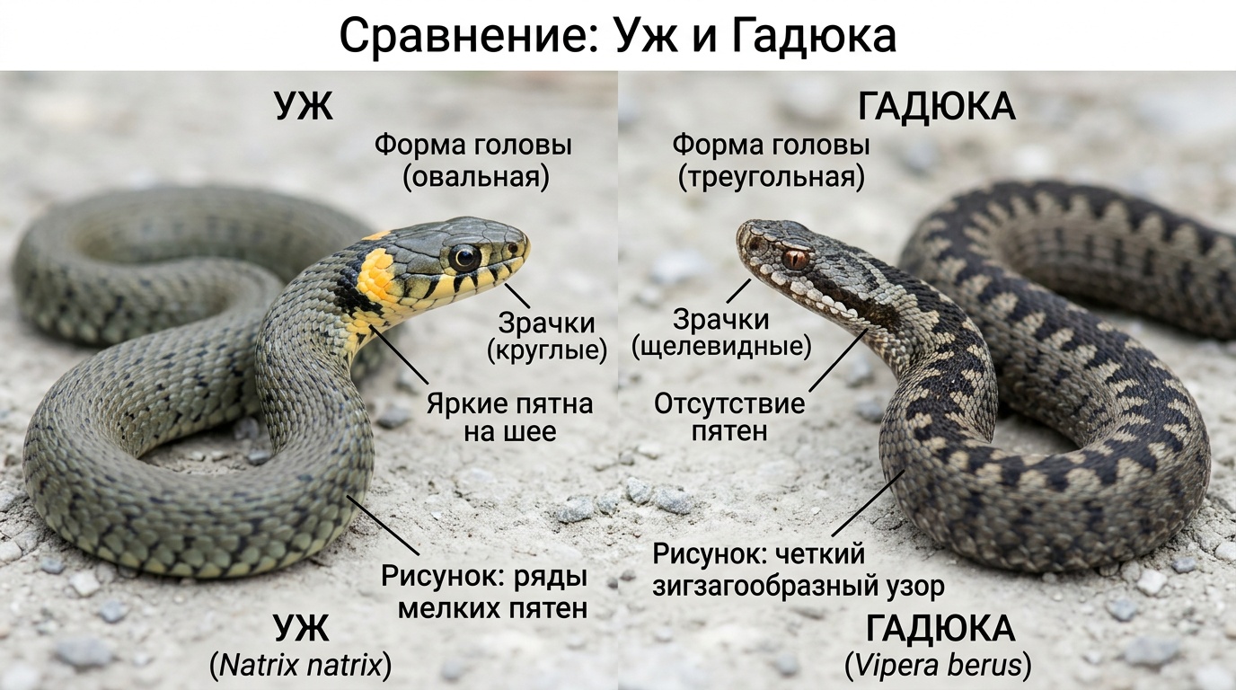 сравнение ужа и гадюки рядом — акцент на различиях в форме головы, рисунке на спине и пятнах на шее, нейтральный фон