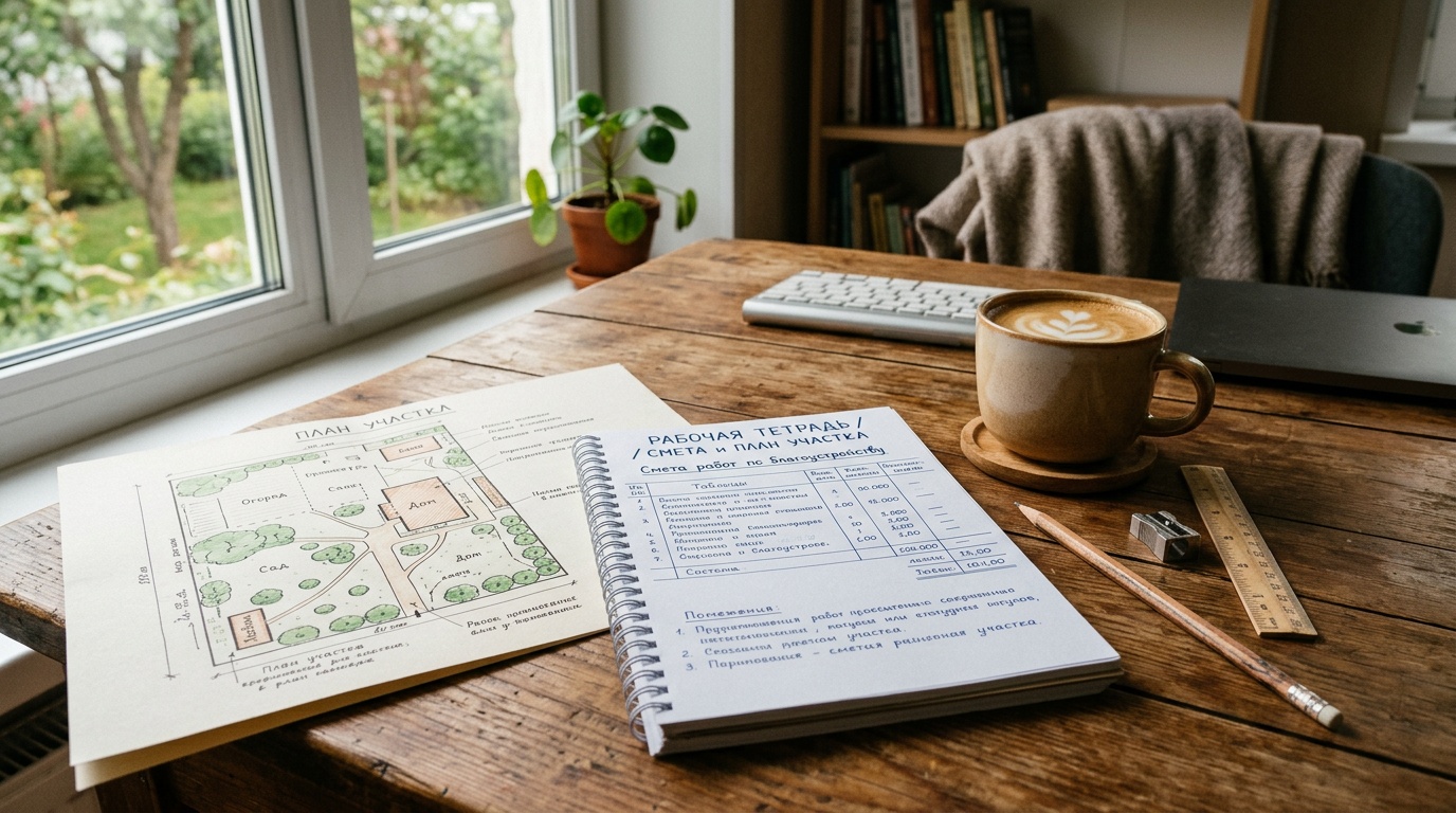 рабочая тетрадь со сметой, рядом чашка кофе, карандаш и план участка, уютная атмосфера домашнего офиса
