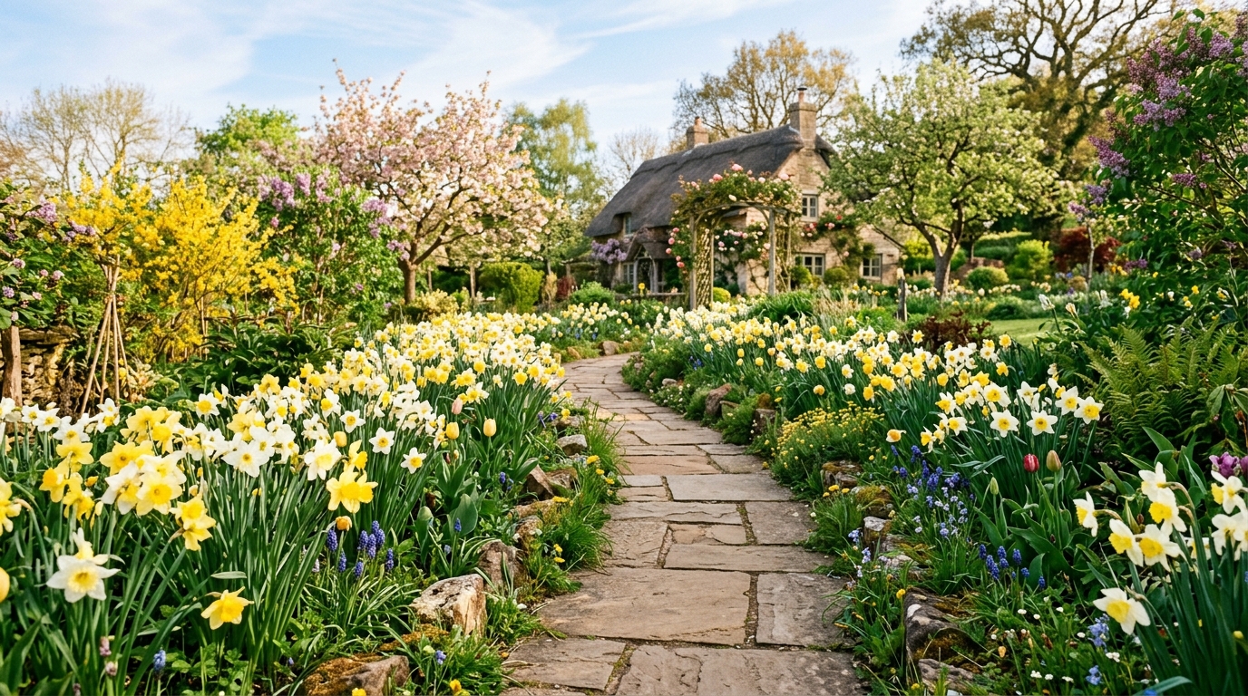цветущие нарциссы вдоль садовой дорожки из тротуарной плитки, весенний сад, мягкое утреннее освещение, пейзажный стиль