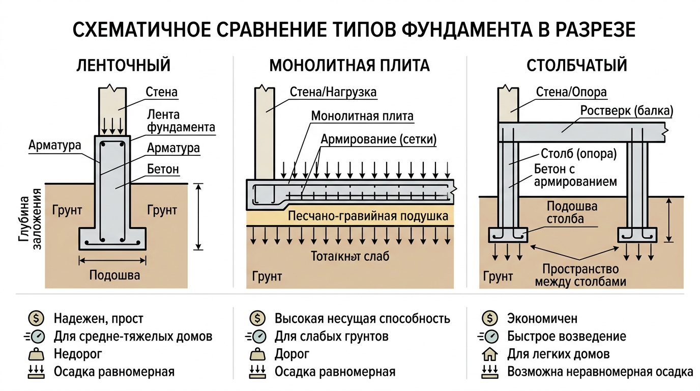 Три типа фундамента в разрезе — ленточный, монолитная плита, столбчатый — схематичное сравнение на белом фоне, чёткие линии, образовательный стиль