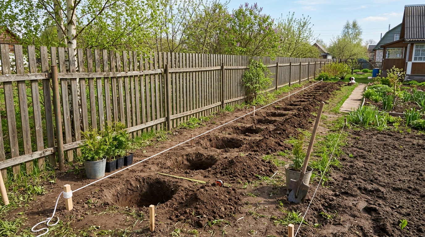 разметка участка под посадку живой изгороди из туи — шнур натянут вдоль забора, вырытые ямы через равные промежутки, весна