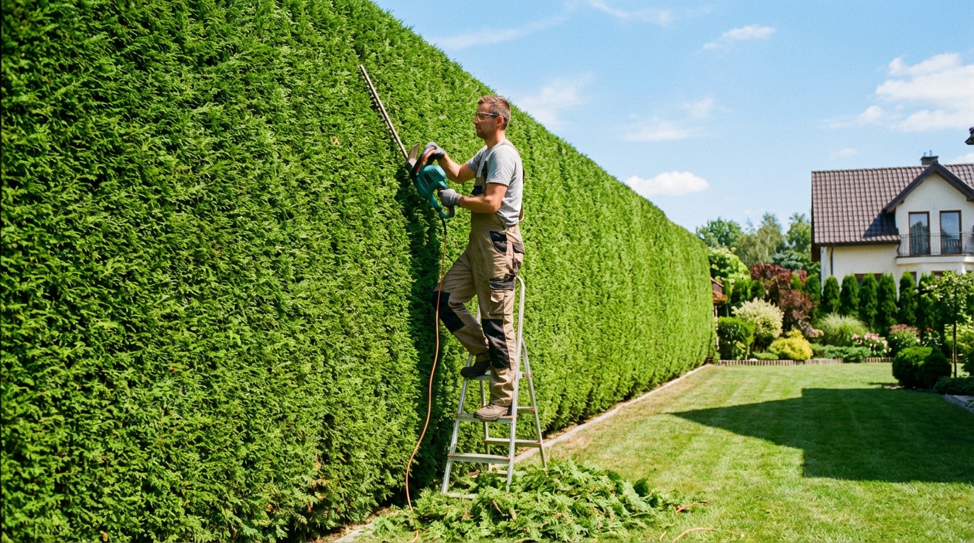 садовник стрижёт живую изгородь из туи Брабант электрическим кустарниковым кусторезом, ровная стена, летний день