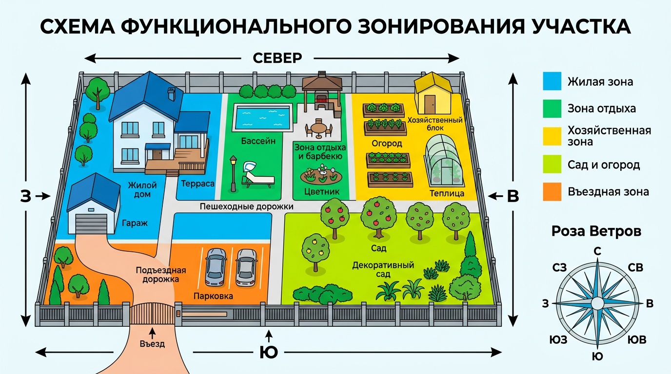 схема зонирования участка с компасными стрелками, зоны выделены разными цветами, роза ветров в углу, чистый инфографический стиль