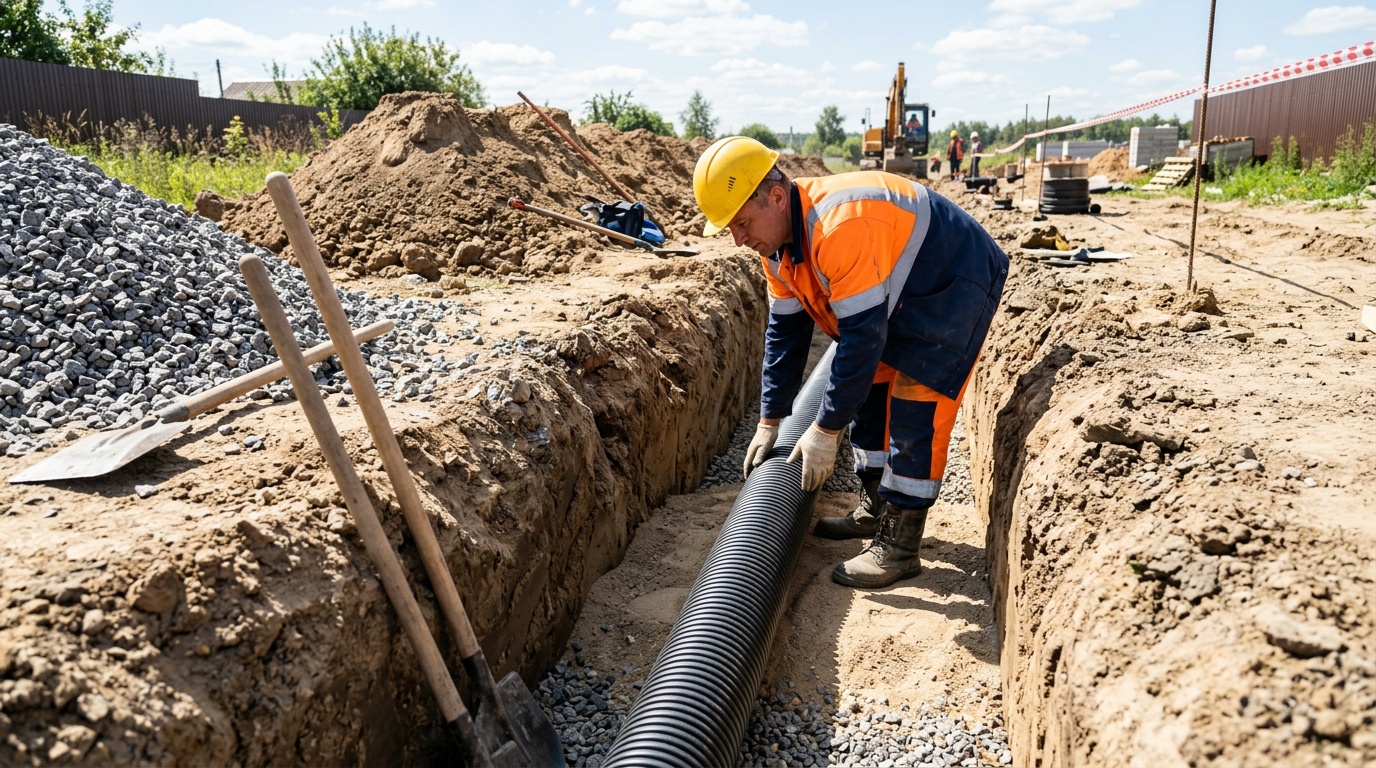 Рабочий укладывает гофрированную ПНД-трубу в подготовленное основание в канаве, рядом лопаты и щебень, солнечный день
