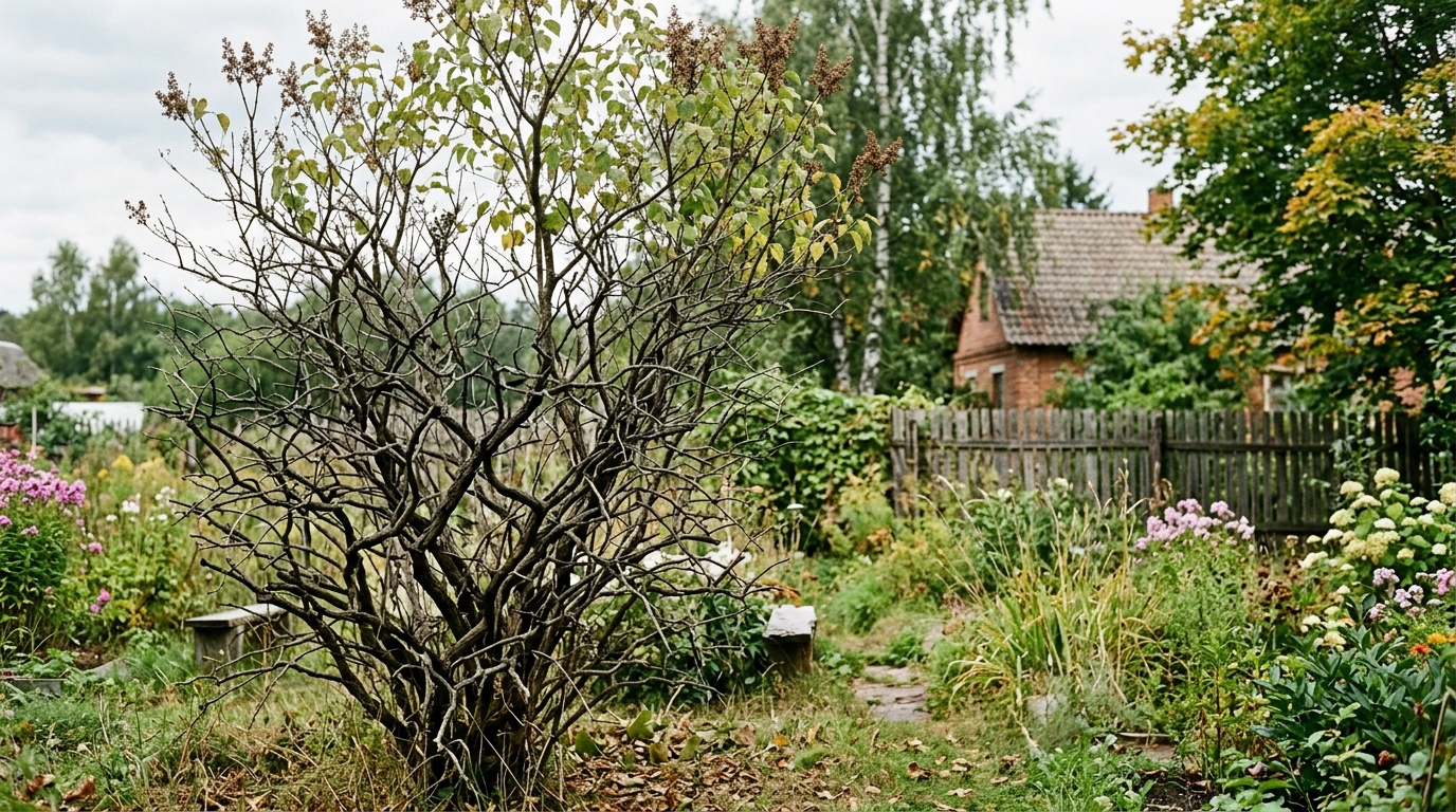 запущенный куст сирени в конце лета, высота 4-5 метров, бесформенные голые нижние ветви, редкие листья наверху, фон — частный участок