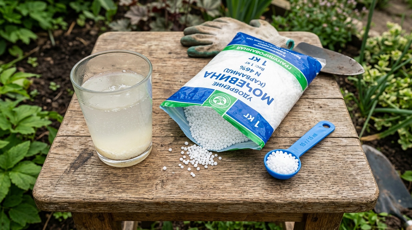 пачка гранулированной мочевины на деревянном садовом столе, рядом мерная ложка и стакан с растворённым удобрением, светлый дневной свет, вид сверху