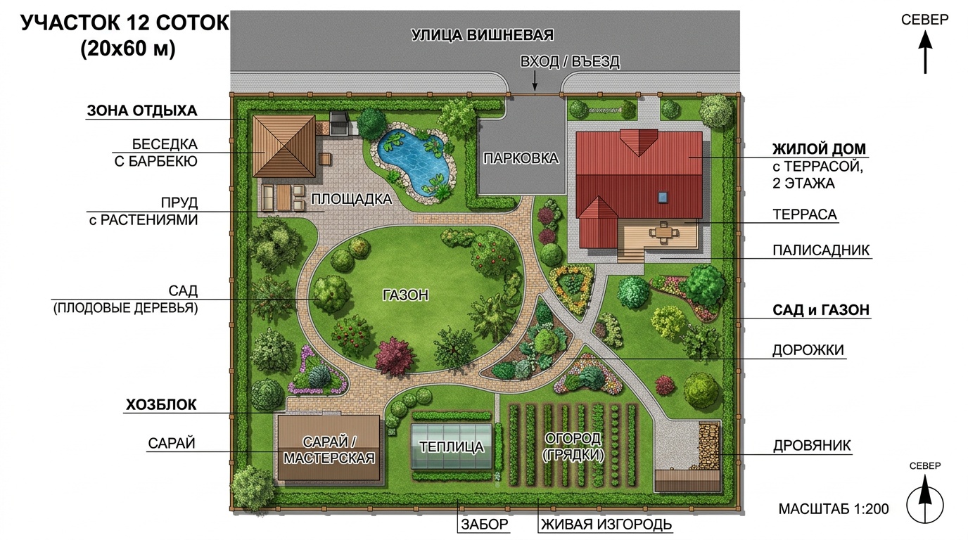 цветная планировочная схема прямоугольного участка 12 соток сверху, зонирование: дом у дороги, хозпостройки в глубине, сад по центру, зона отдыха слева