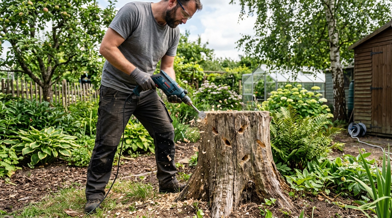 процесс сверления пня дрелью, отверстия под углом 45 градусов, участок в саду, дневное освещение
