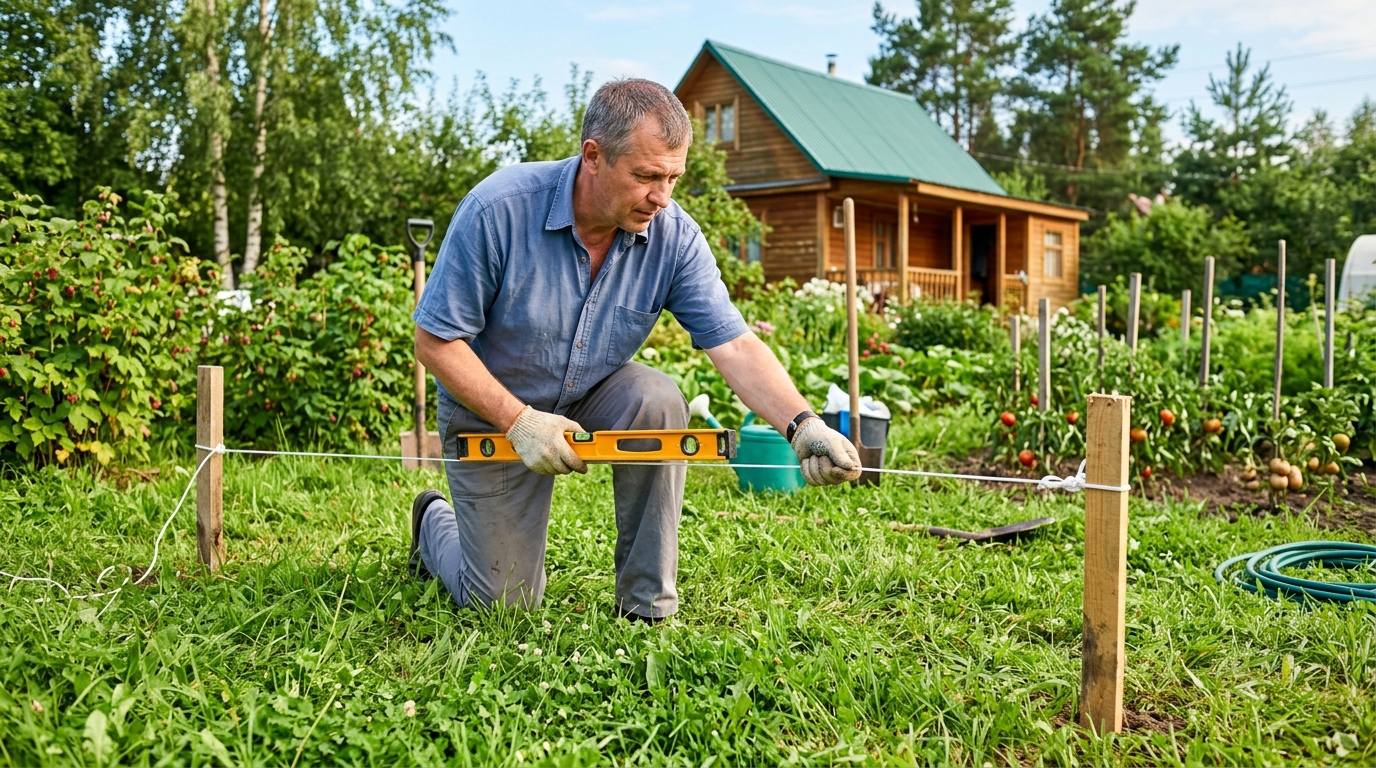 мужчина натягивает белый шнур между двумя деревянными колышками на дачном участке, в руке строительный пузырьковый уровень, зелёная трава, летнее утреннее освещение