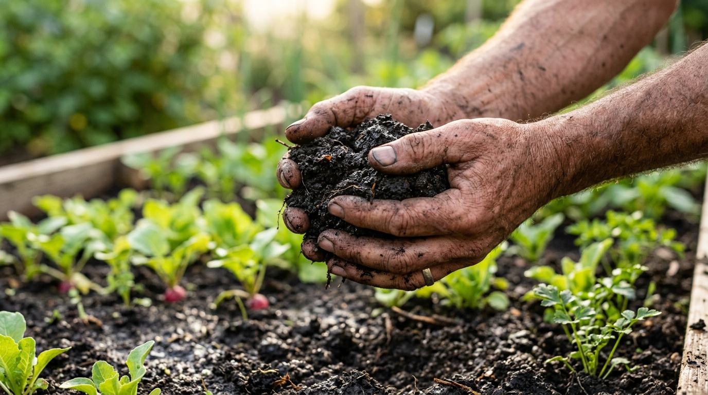 руки садовода, сжимающие горсть тёмной влажной земли над грядкой — крупный план, мягкое утреннее освещение