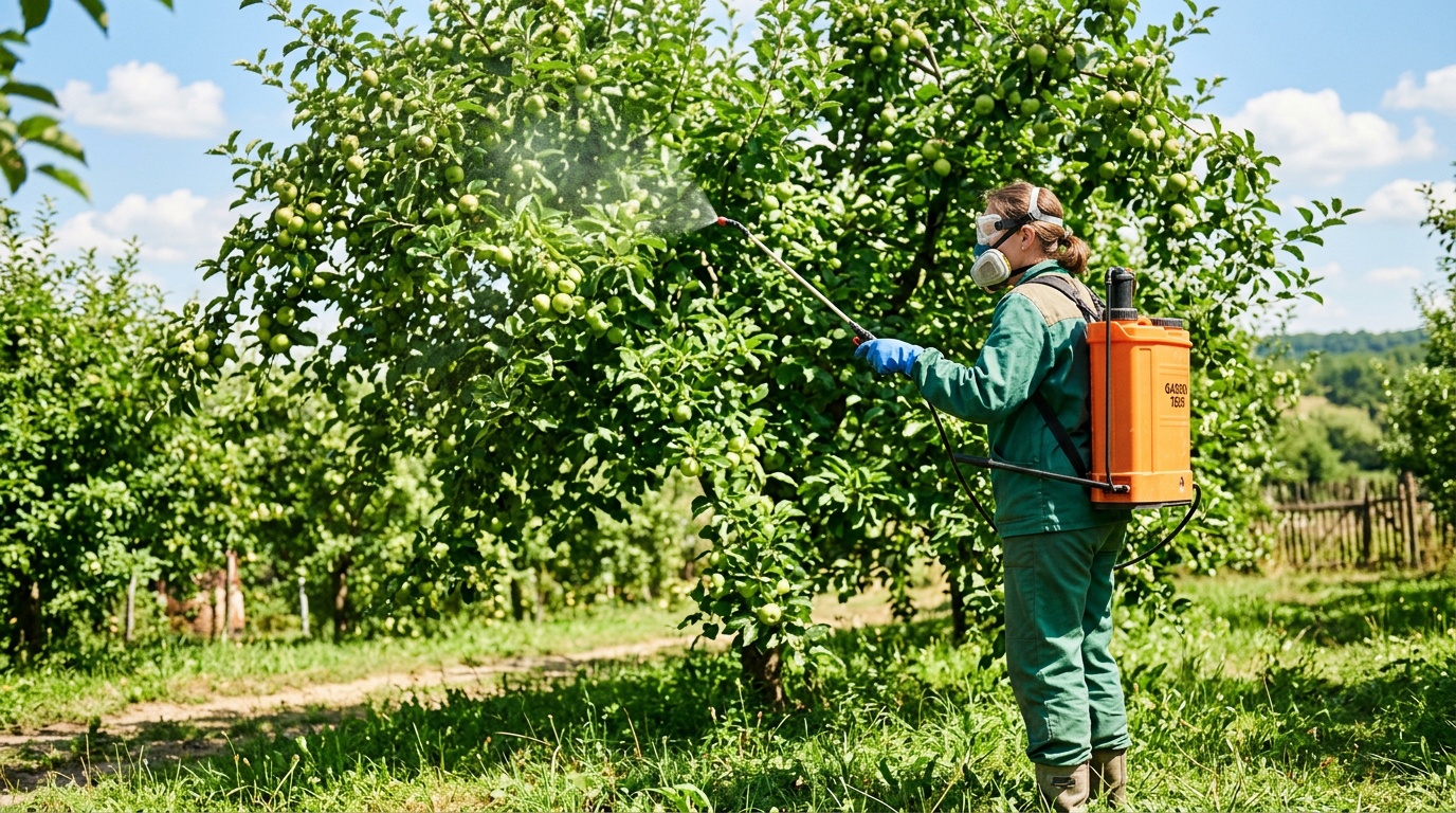 садовод в защитных перчатках и очках опрыскивает яблоню из ранцевого опрыскивателя летом, солнечный день, зелёная крона