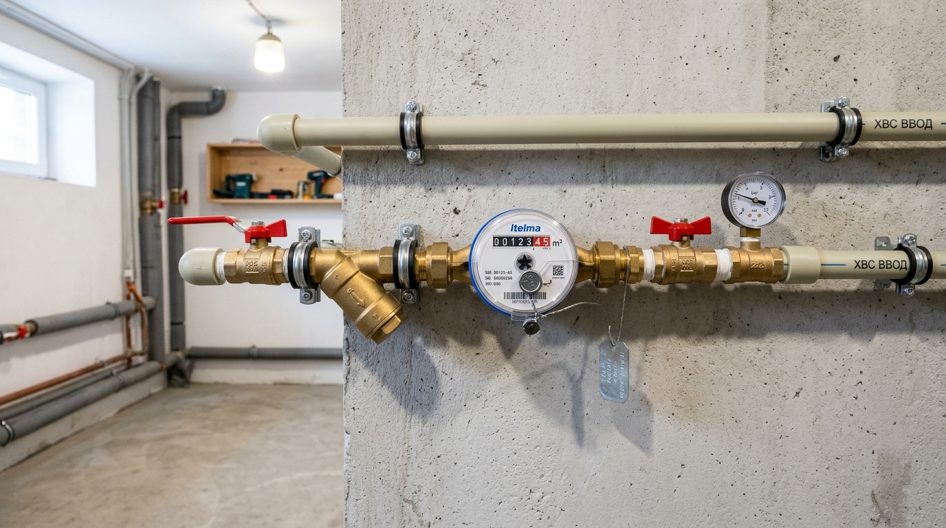 водомерный узел в подвале частного дома — счётчик с пломбой, шаровые краны, фильтр, аккуратный монтаж