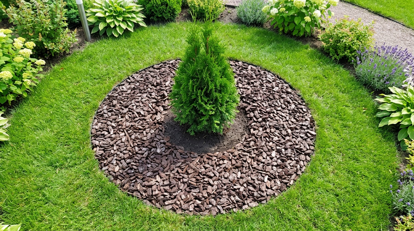 аккуратно уложенная кора сосны вокруг молодой туи, ровный слой 6–7 см, зазор между мульчей и стволом, вид сверху, летний сад