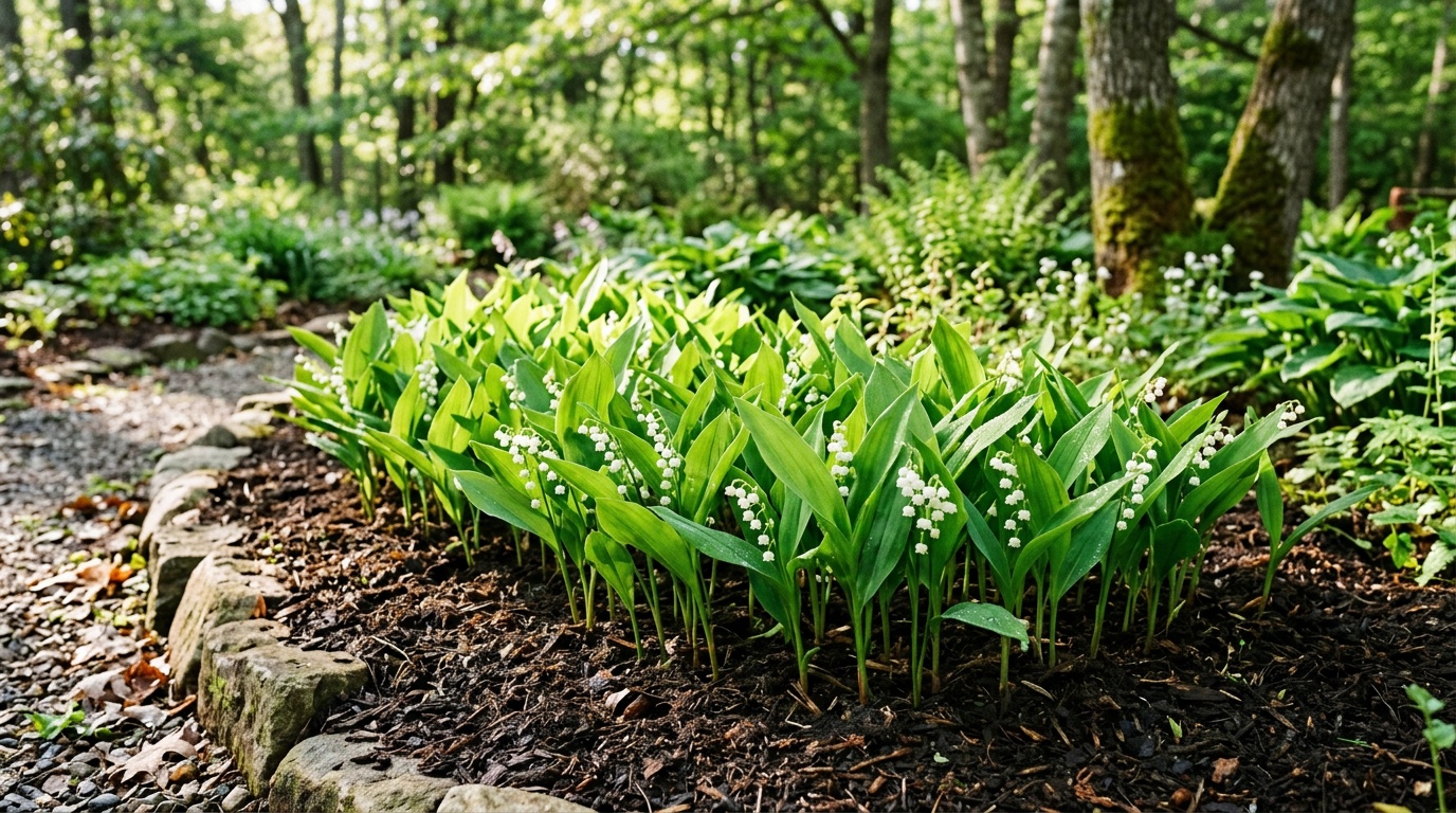 Аккуратная клумба с ландышами в полутени, видна мульча из тёмного компоста вокруг растений, листья ярко-зелёные, утренний свет