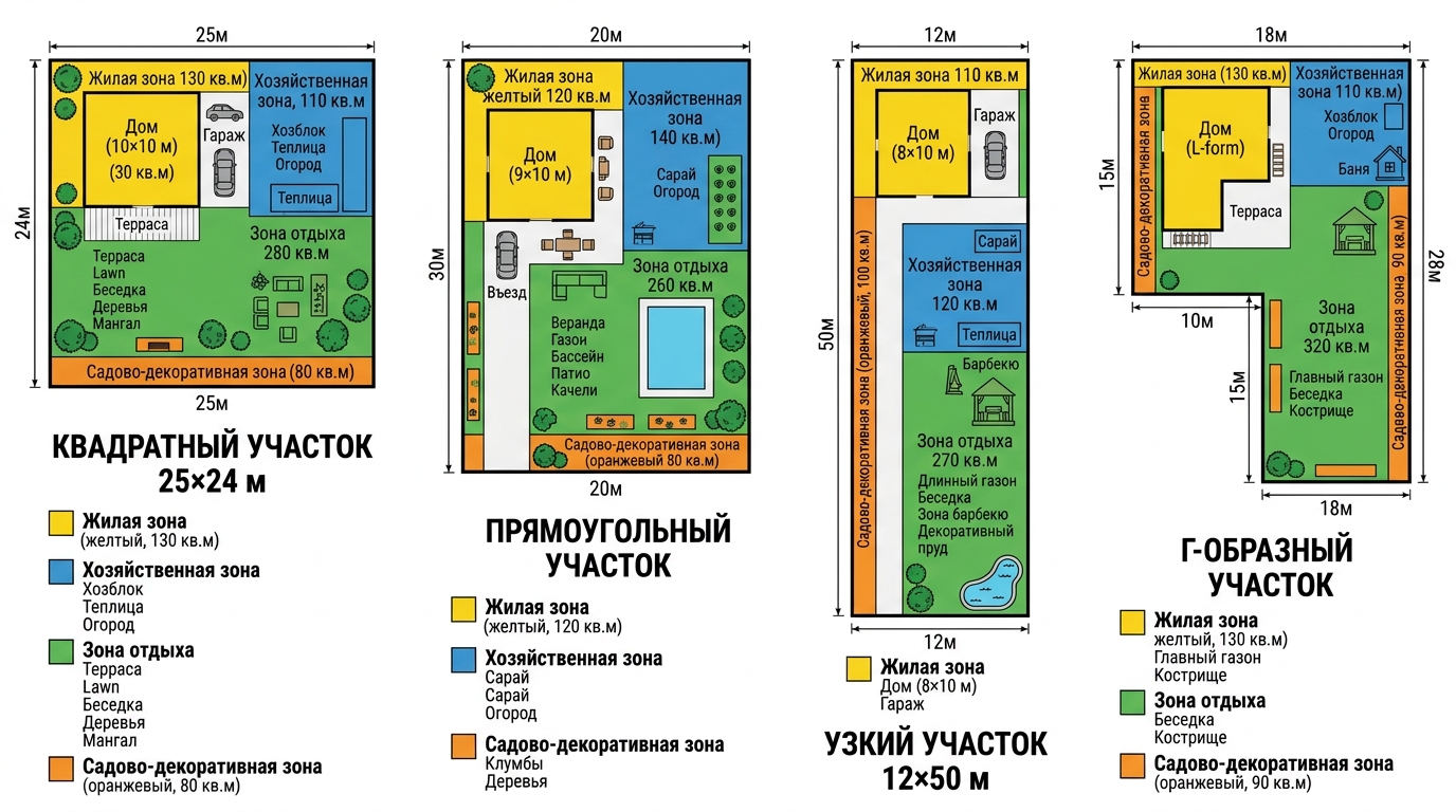 четыре схемы участков рядом на белом фоне — квадратный 25×24 м, прямоугольный 20×30 м, узкий 12×50 м, Г-образный — каждый с цветовым зонированием и подписями зон