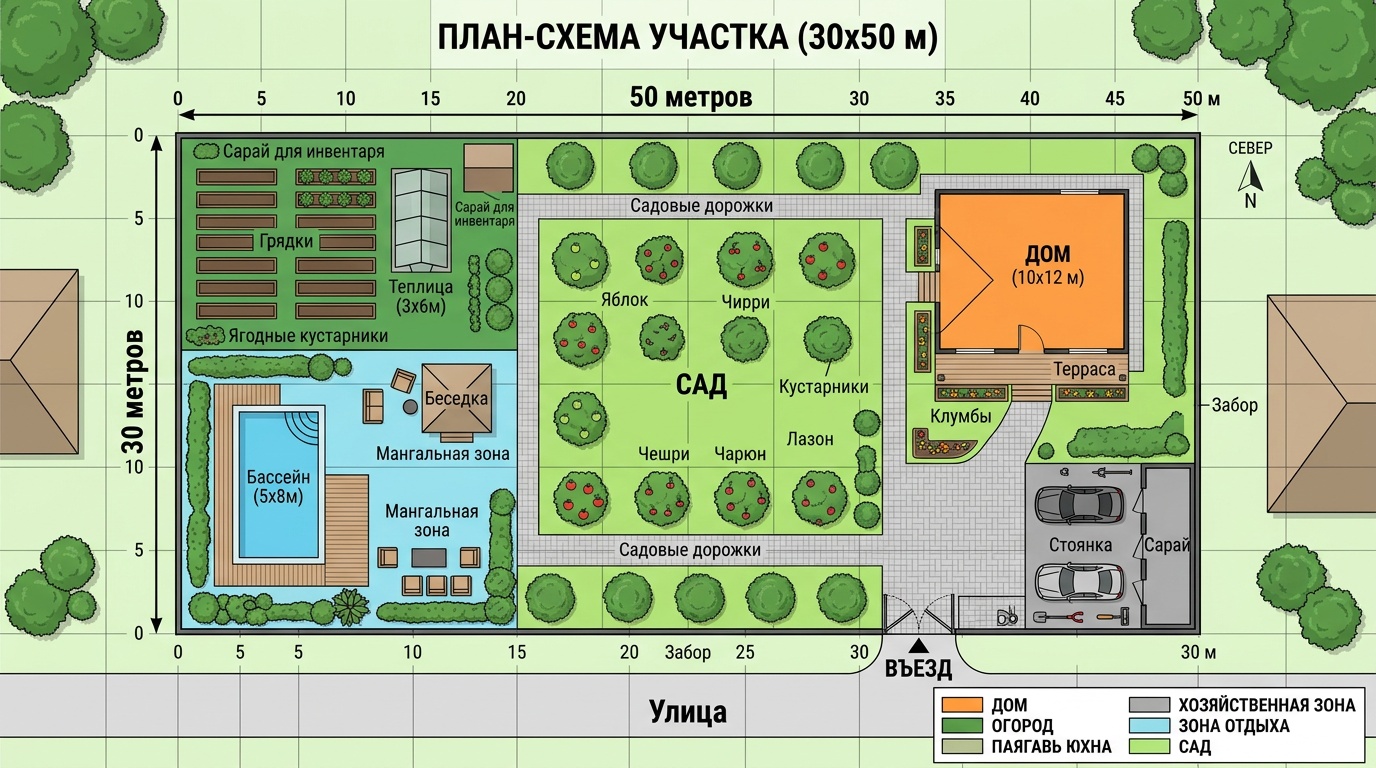 Планировка участка 15 соток: 5 готовых схем и фото