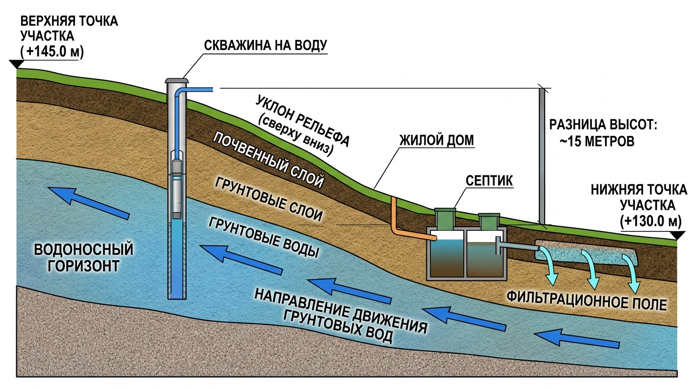 схема участка с уклоном, стрелками показано направление движения грунтовых вод, скважина расположена выше по склону, септик — ниже, разница высот подчёркнута