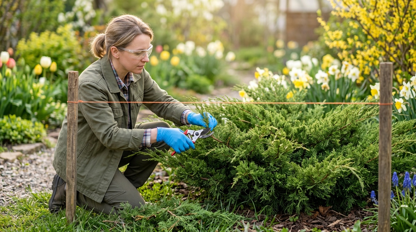 садовник в нитриловых перчатках и защитных очках подстригает можжевельник казацкий обводным секатором, рядом натянутая нить-ориентир, весенний сад, мягкое утреннее освещение
