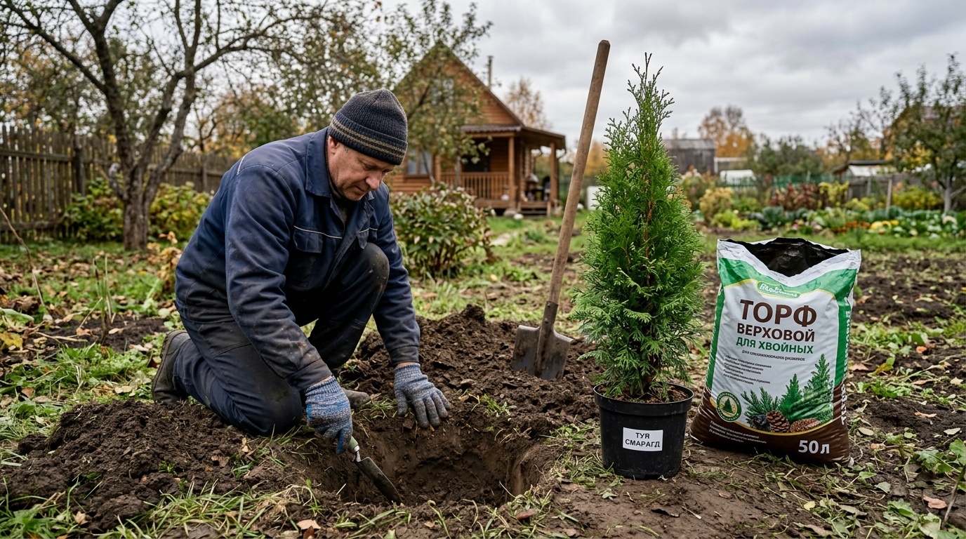 человек в садовых перчатках готовит посадочную яму для туи, рядом саженец в контейнере, мешок с торфом, лопата, пасмурный день, частный загородный участок