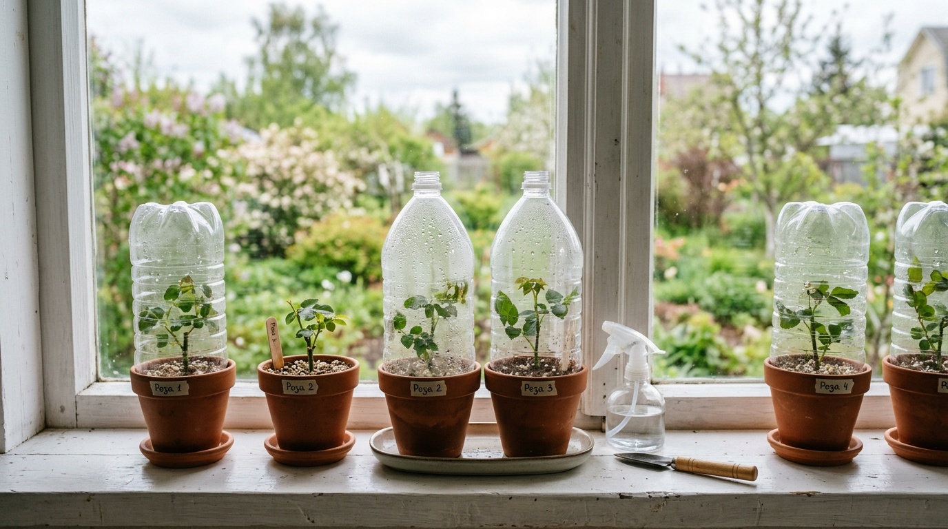 несколько черенков роз в маленьких горшочках под прозрачными пластиковыми бутылками, светлый подоконник, рассеянный свет