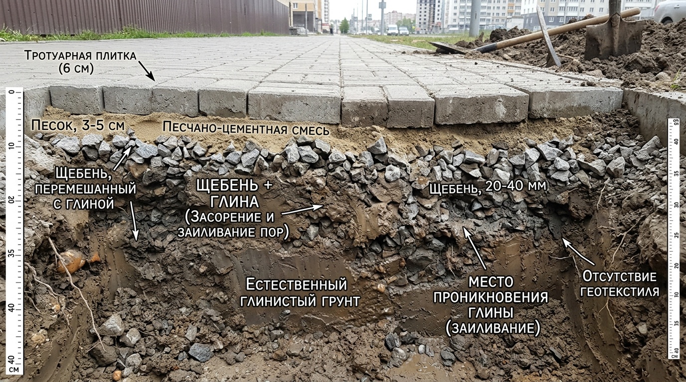 Разрез грунта под тротуарной плиткой без геотекстиля — щебень перемешан с глиной, наглядно показано заиливание