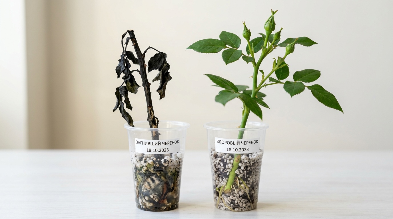 почерневший загнивший черенок розы рядом со здоровым зелёным, светлый нейтральный фон, наглядное сравнение