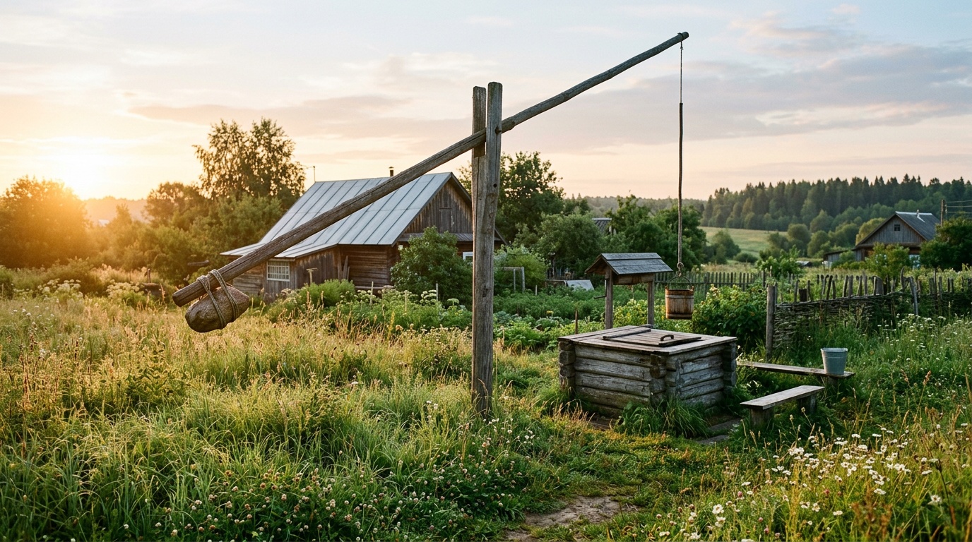 Традиционный деревянный колодец-журавль на сельском участке, вокруг — трава, летнее утро, мягкий боковой свет