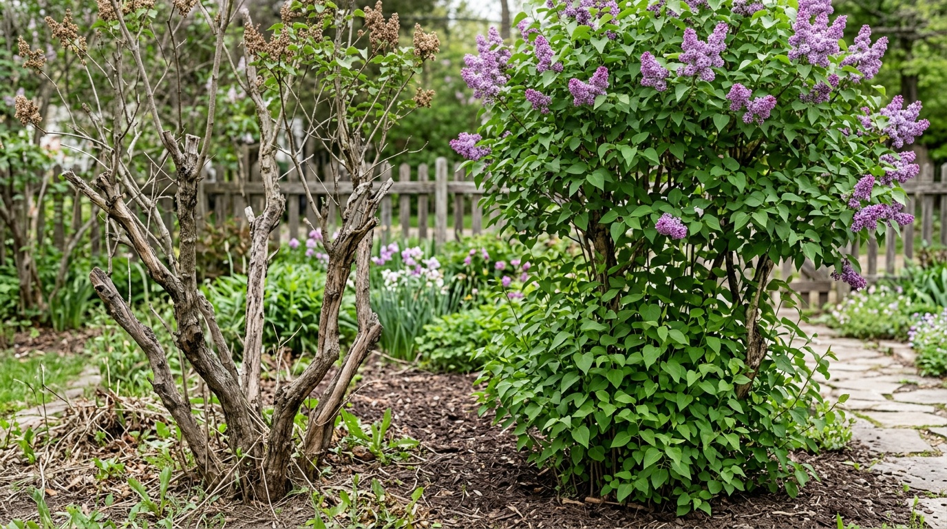 два куста сирени рядом — слева запущенный с толстыми голыми стволами без листьев в нижней части, справа — тот же тип куста после 2 лет постепенного омоложения, молодые зелёные побеги снизу
