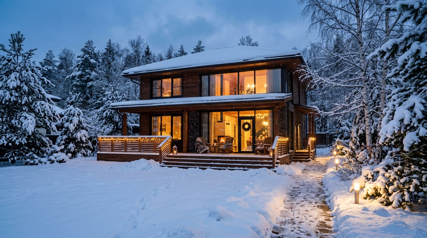 Современный загородный дом с террасой и ухоженным садом зимой, снег на ветках деревьев, из окон тёплый свет, на переднем плане — заснеженный газон